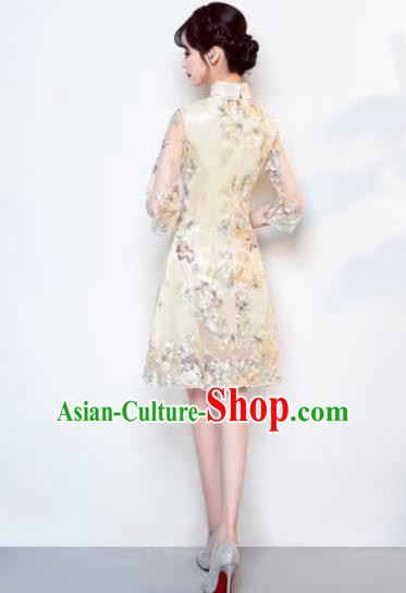 Chinese Traditional National Costume Classical Cheongsam Wedding Beige Full Dress for Women
