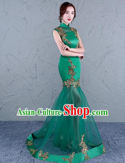 Chinese Traditional Wedding Costume Classical Embroidered Green Veil Full Dress for Women