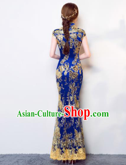 Chinese Traditional Wedding Costume Classical Embroidered Royalblue Lace Full Dress for Women