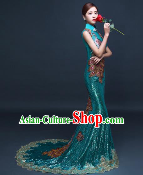 Chinese Traditional Wedding Costume Classical Green Trailing Full Dress for Women