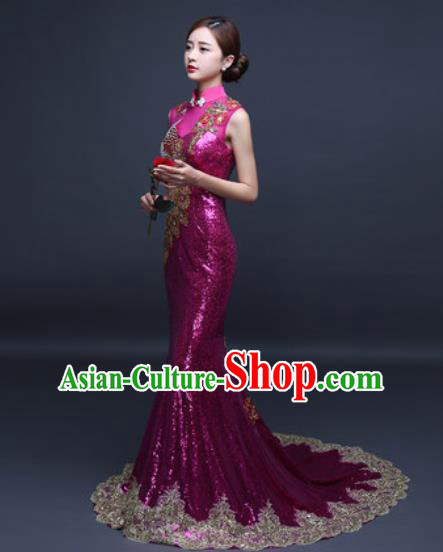 Chinese Traditional Wedding Costume Classical Rosy Trailing Full Dress for Women