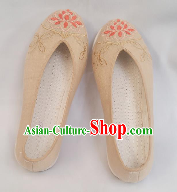 Chinese National Beige Linen Shoes Traditional Cloth Shoes Hanfu Shoes Embroidered Lotus Shoes for Women