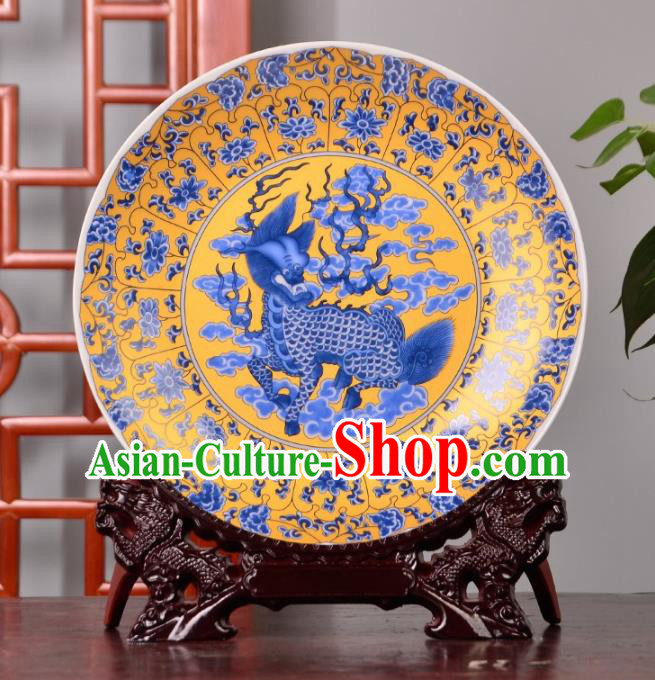 Chinese Traditional Hand Painting Kylin Decoration Enamel Dish Jingdezhen Ceramic Handicraft