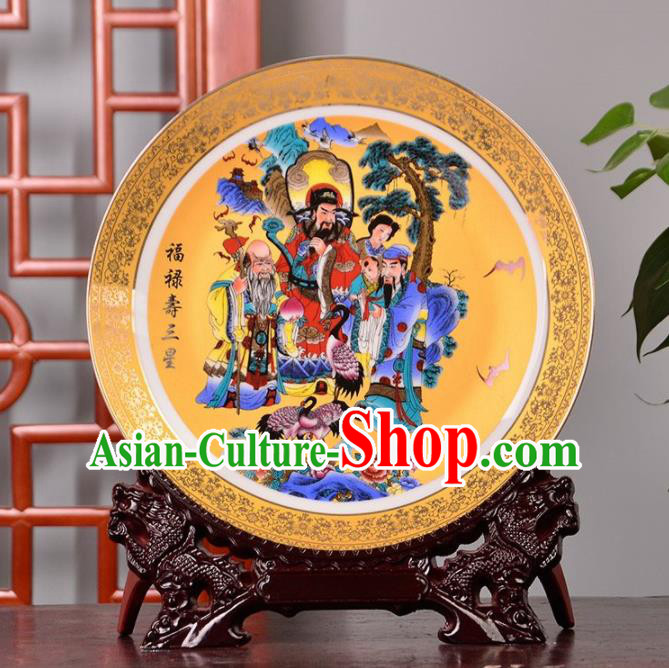 Chinese Traditional Hand Painting Three Stars of Luck Decoration Enamel Dish Jingdezhen Ceramic Handicraft