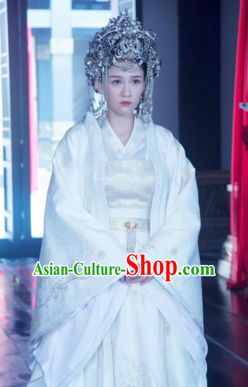 Chinese Drama Queen Dugu Traditional Ancient Sui Dynasty Palace Queen Embroidered Wedding Historical Costume and Headpiece Complete Set