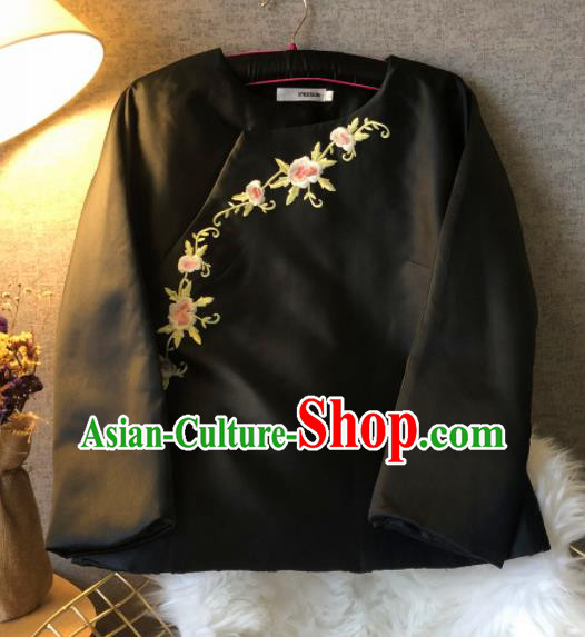 Chinese Traditional National Costume Black Cotton Padded Jacket Embroidered Tang Suit Upper Outer Garment for Women