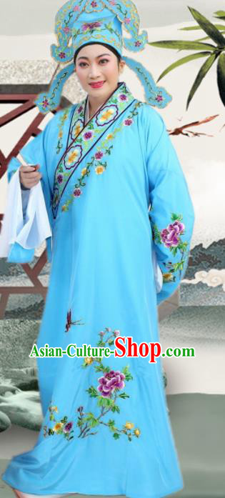 Chinese Ancient Nobility Childe Light Blue Embroidered Robe Traditional Peking Opera Niche Costume for Men
