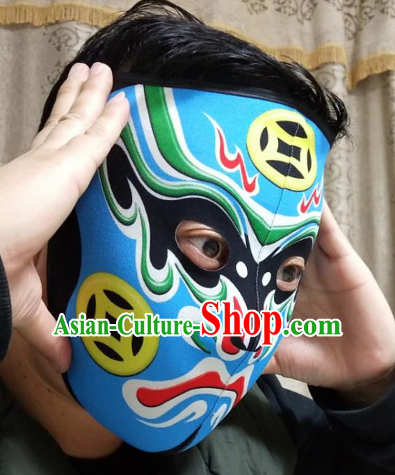 Chinese Traditional Sichuan Opera Face Changing Masks Handmade Painting Blue Facial Makeup