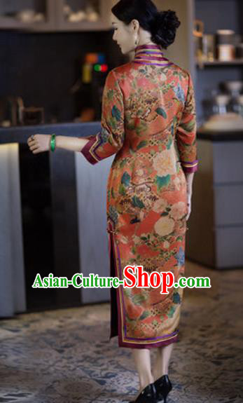 Chinese Traditional Tang Suit Qipao Dress National Costume Printing Orange Cheongsam for Women