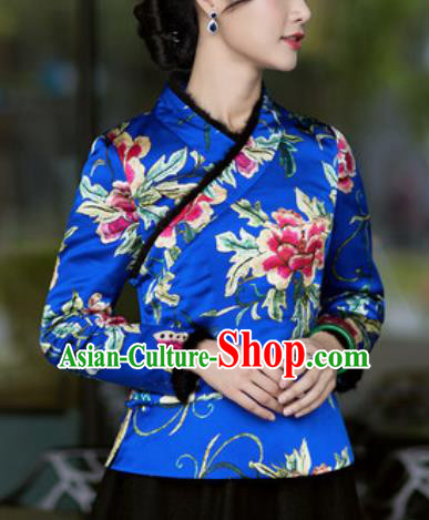 Chinese Traditional Tang Suit Upper Outer Garment Printing Peony Royalblue Silk Jacket National Costume for Women