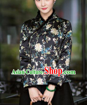 Chinese Traditional Tang Suit Upper Outer Garment Printing Peony Black Silk Jacket National Costume for Women