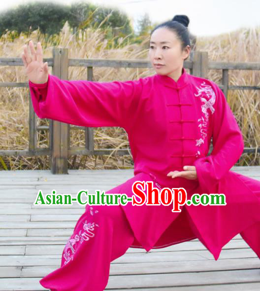 Chinese Traditional Kung Fu Competition Costume Martial Arts Tai Chi Embroidered Dragon Rosy Clothing for Women