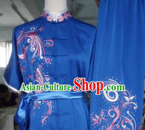 Chinese Traditional Kung Fu Costume Martial Arts Tai Chi Embroidered Blue Clothing for Women