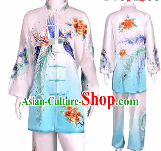 Chinese Traditional Kung Fu Competition Costume Martial Arts Tai Chi Embroidered Phoenix White Clothing for Women