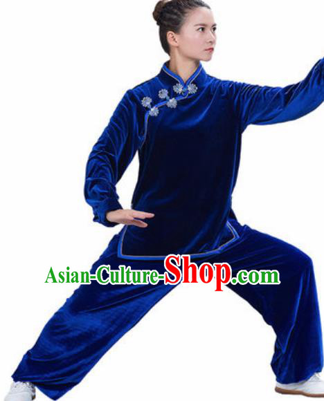 Chinese Traditional Kung Fu Competition Costume Martial Arts Tai Chi Royalblue Velvet Clothing for Women