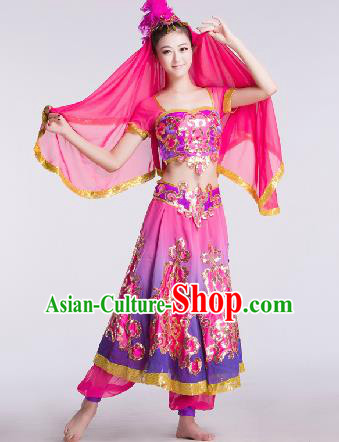 Chinese Traditional Ethnic Dance Costume Uyghur Nationality Dance Stage Performance Rosy Dress for Women