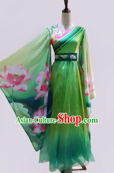 Chinese Traditional Classical Dance Costume Umbrella Dance Stage Performance Printing Lotus Green Dress for Women