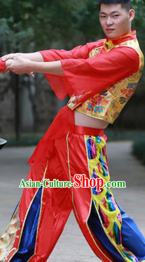 Chinese Traditional Folk Dance Costume Drum Dance Yangko Stage Performance Red Clothing for Men