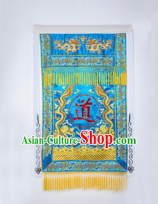 Chinese Traditional Taoism Feng Shui Items National Taoist Embroidered Dragons Blue Flag