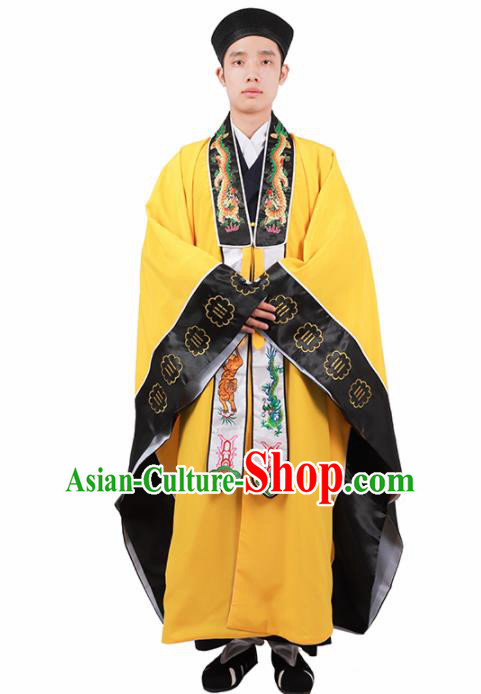 Chinese Traditional Taoism Costume National Taoist Priest Embroidered Dragons Bagua Yellow Cassock for Men