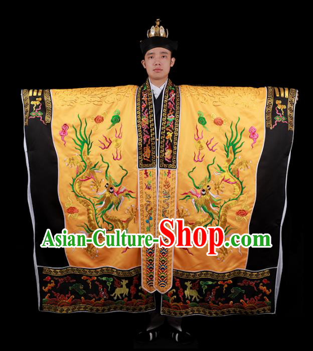 Chinese National Taoist Priest Embroidered Dragons Golden Cassock Traditional Taoism Costume for Men