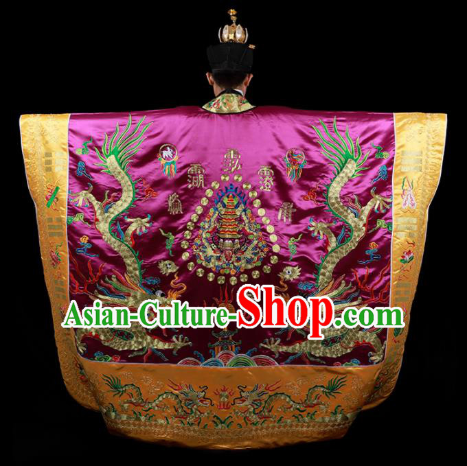 Chinese National Taoist Priest Embroidered Dragons Purple Cassock Traditional Taoism Costume for Men