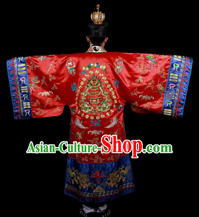 Chinese National Taoist Priest Embroidered Cranes Red Cassock Traditional Taoism Costume for Men