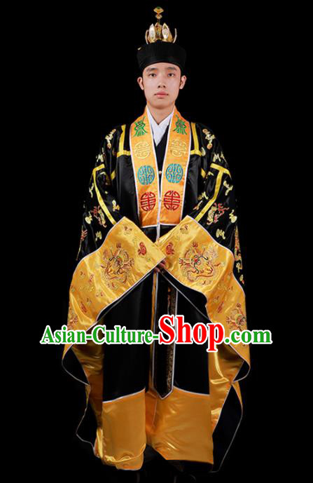 Chinese National Taoist Priest Embroidered Dragons Black Cassock Traditional Taoism Costume for Men