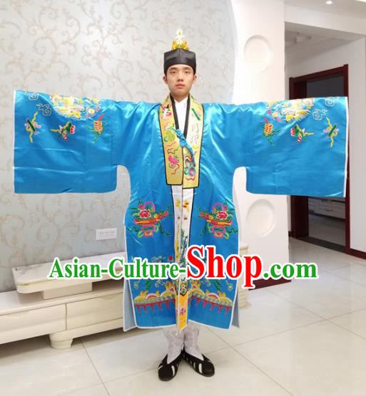 Chinese National Taoism Embroidered Blue Cassock Traditional Taoist Priest Rites Costume for Men