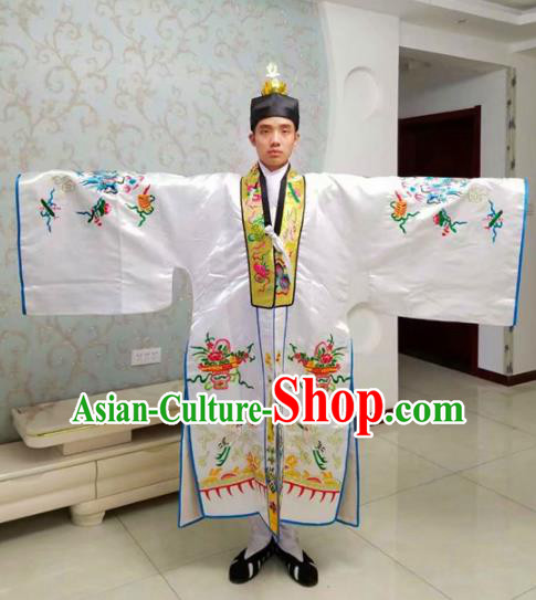 Chinese National Taoism Embroidered Dragons White Priest Frock Cassock Traditional Taoist Priest Rites Costume for Men