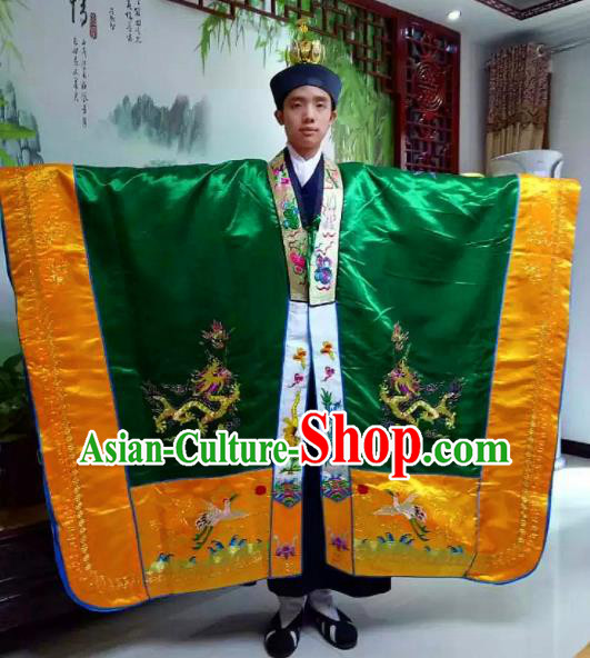 Chinese National Taoism Embroidered Dragons Green Priest Frock Cassock Traditional Taoist Priest Rites Costume for Men