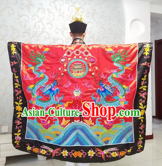 Chinese National Taoism Red Priest Frock Embroidered Dragons Cassock Traditional Taoist Priest Rites Costume for Men