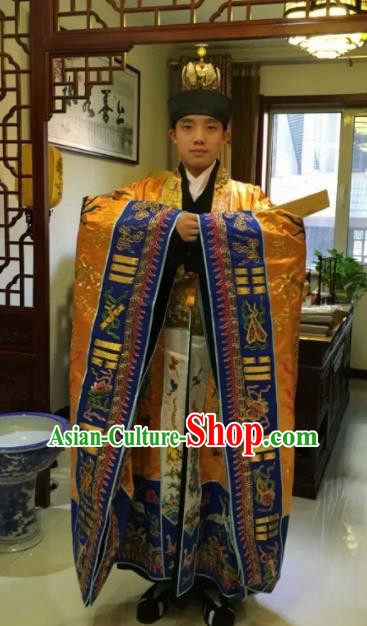 Chinese National Taoism Golden Priest Frock Embroidered Cassock Traditional Taoist Priest Rites Costume for Men