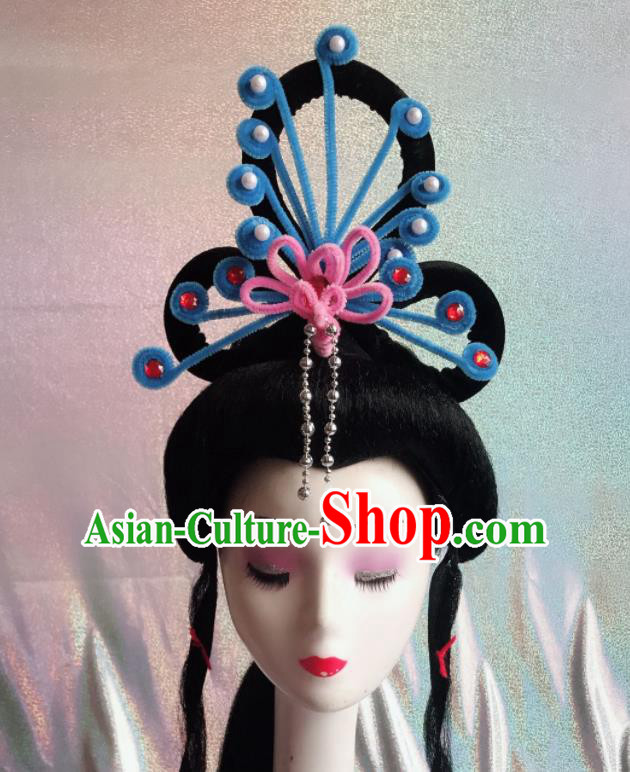 Chinese Traditional Beijing Opera Peri Blue Phoenix Hairpins Peking Opera Diva Hair Accessories for Women