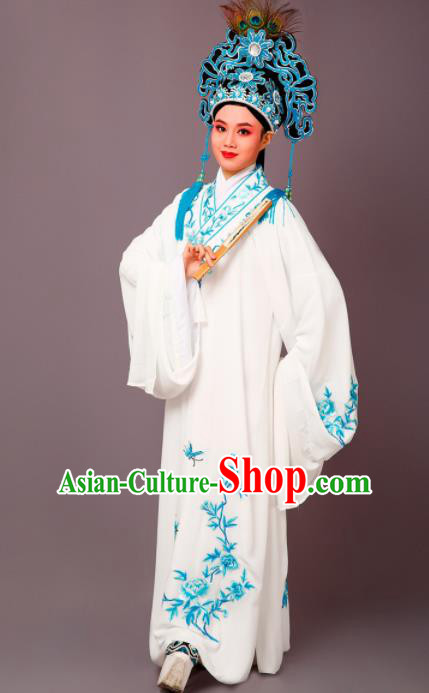 Chinese Traditional Peking Opera Scholar Embroidered Peony White Robe Beijing Opera Niche Costume for Men