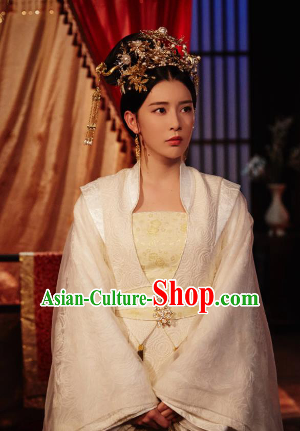 Chinese Ancient Drama Queen Dugu Northern Zhou Dynasty Imperial Concubine Embroidered Historical Costume and Headpiece for Women