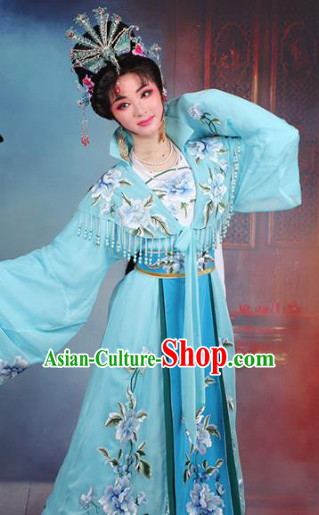 Chinese Traditional Shaoxing Opera Queen Embroidered Blue Dress Beijing Opera Hua Dan Costume for Women