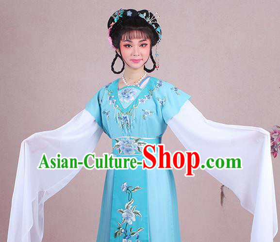 Chinese Traditional Shaoxing Opera Court Maid Embroidered Blue Dress Beijing Opera Maidservants Costume for Women