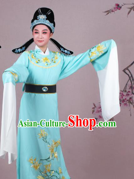Chinese Traditional Peking Opera Nobility Childe Blue Robe Beijing Opera Niche Embroidered Mangnolia Costume for Men