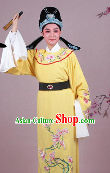Chinese Traditional Peking Opera Nobility Childe Yellow Robe Beijing Opera Niche Embroidered Mangnolia Costume for Men