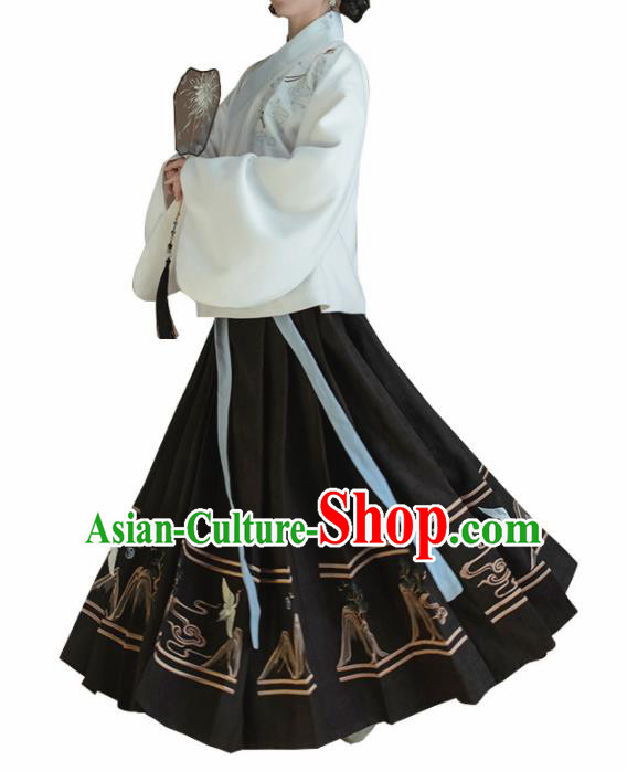Chinese Traditional Ming Dynasty White Blouse and Black Skirt Ancient Nobility Lady Costume for Women