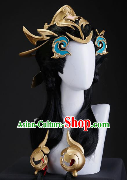 Chinese Traditional Cosplay Swordswoman Hair Accessories Ancient Imperial Consort Wigs and Hair Crown for Women