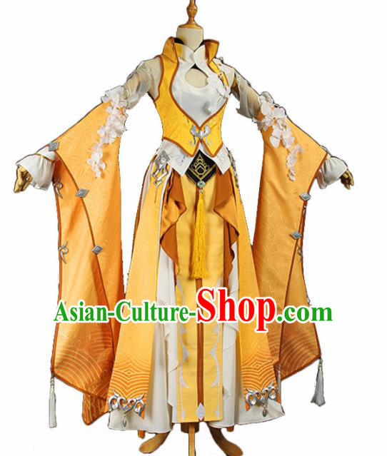 Chinese Traditional Cosplay Princess Costume Ancient Tang Dynasty Swordswoman Yellow Hanfu Dress for Women