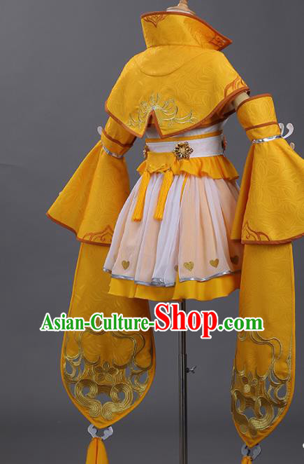 Traditional Halloween Cosplay Swordswoman Costume Ancient Female Knight Yellow Hanfu Dress for Women