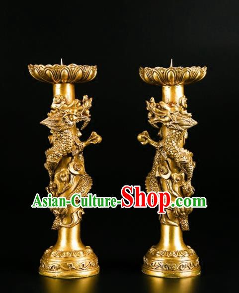 Chinese Traditional Feng Shui Items Buddhism Brass Carving Dragon Candlestick Decoration