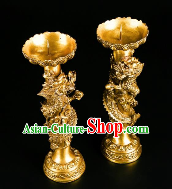 Chinese Traditional Feng Shui Items Buddhism Brass Carving Dragon Candlestick Decoration