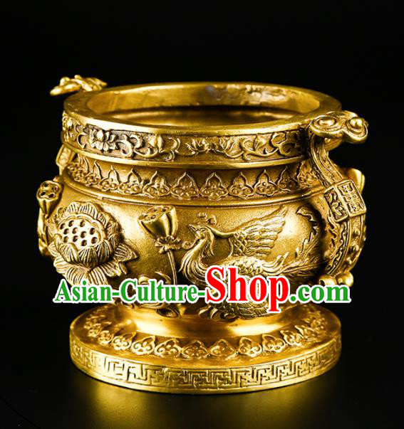 Chinese Traditional Carving Lotus Crane Brass Incense Burner Taoism Bagua Feng Shui Items Censer Decoration