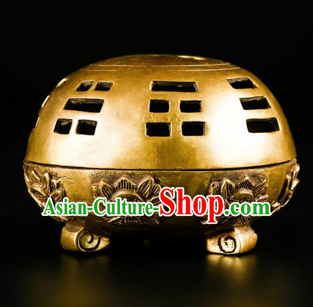 Chinese Traditional Carving Lotus Brass Incense Burner Taoism Bagua Feng Shui Items Censer Decoration