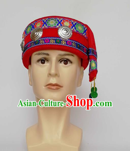 Chinese Traditional Ethnic Headwear Yao Nationality Bridegroom Red Hat for Men