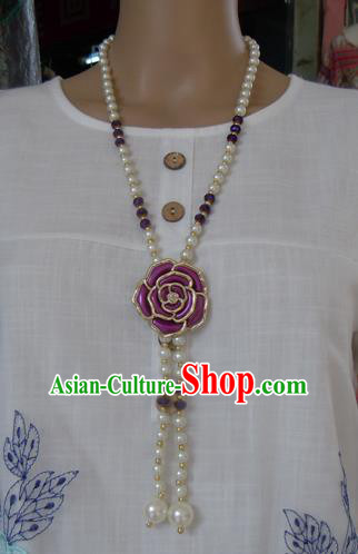 Chinese Traditional Ethnic Jewelry Accessories Purple Rose Tassel Necklace for Women
